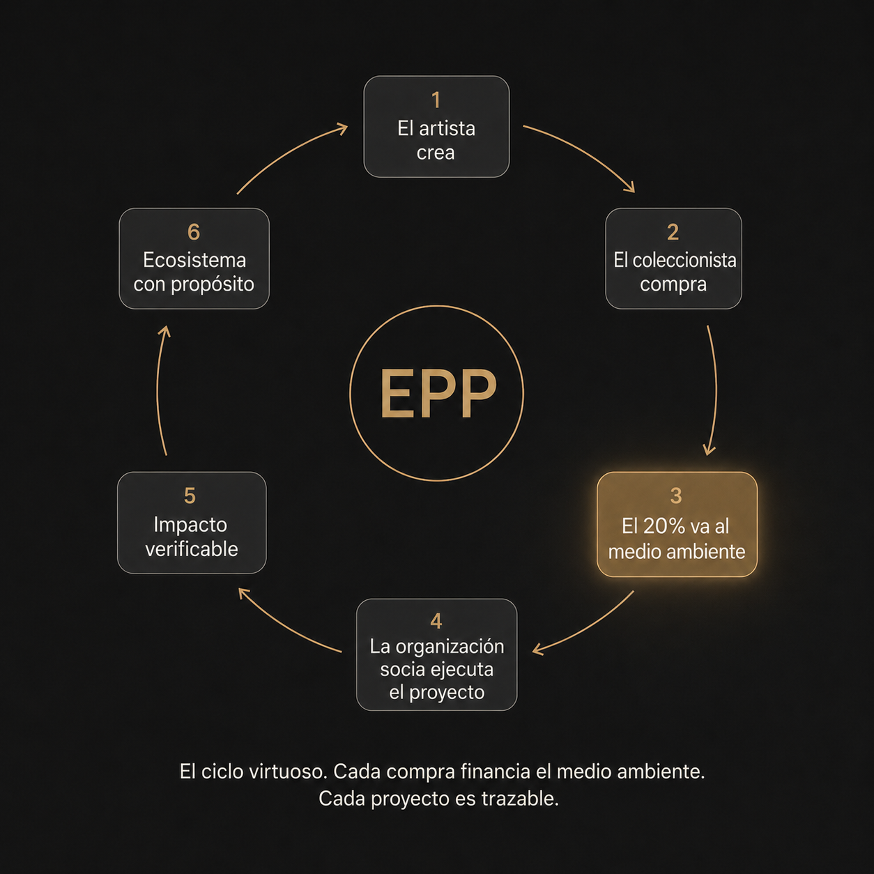 Diagrama circular del ciclo virtuoso: desde el artista que crea hasta el impacto ambiental verificable.