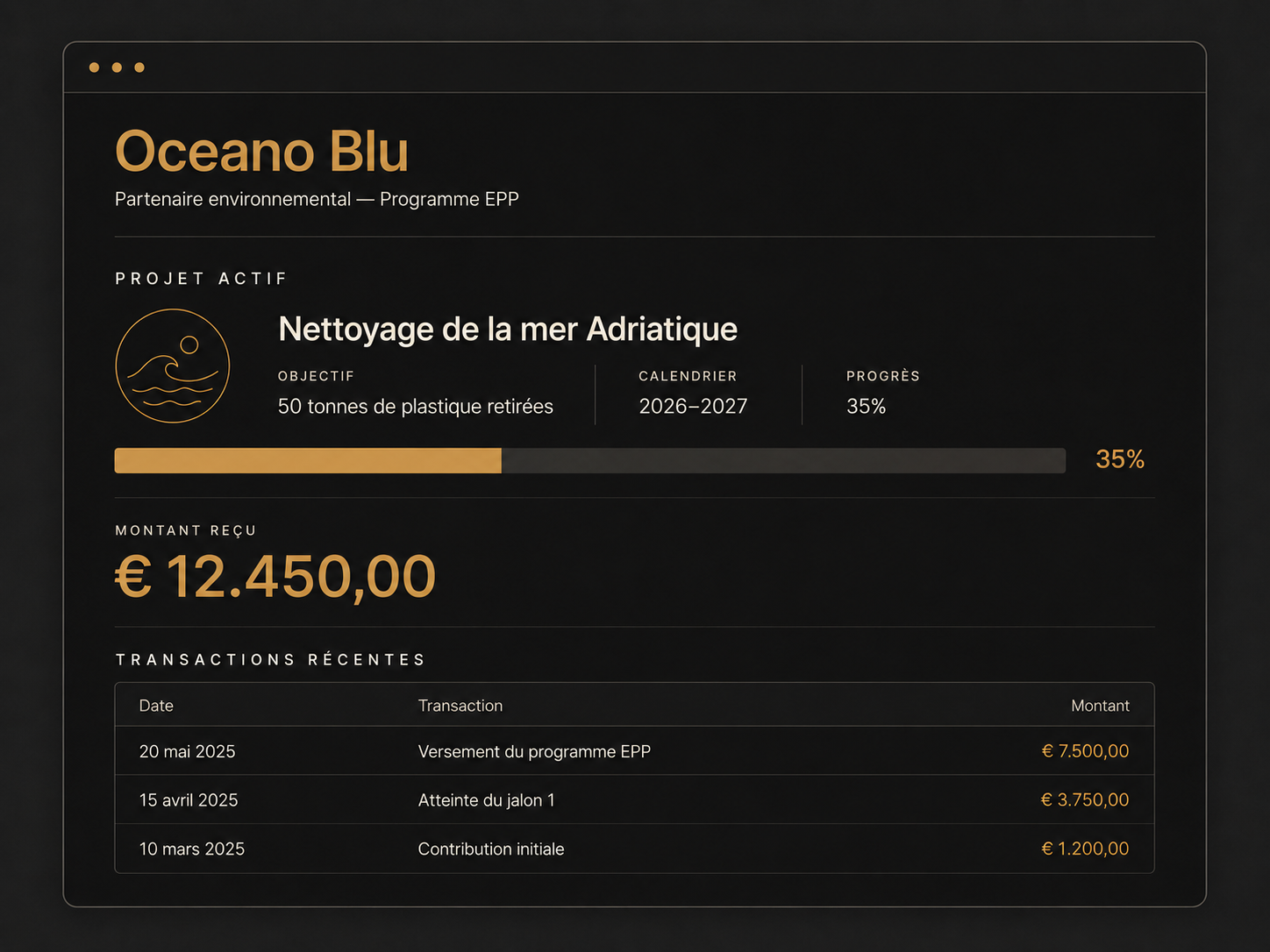 Wireframe d'une fiche d'organisme partenaire sur la plateforme Florence EGI avec projet actif et montants reçus.